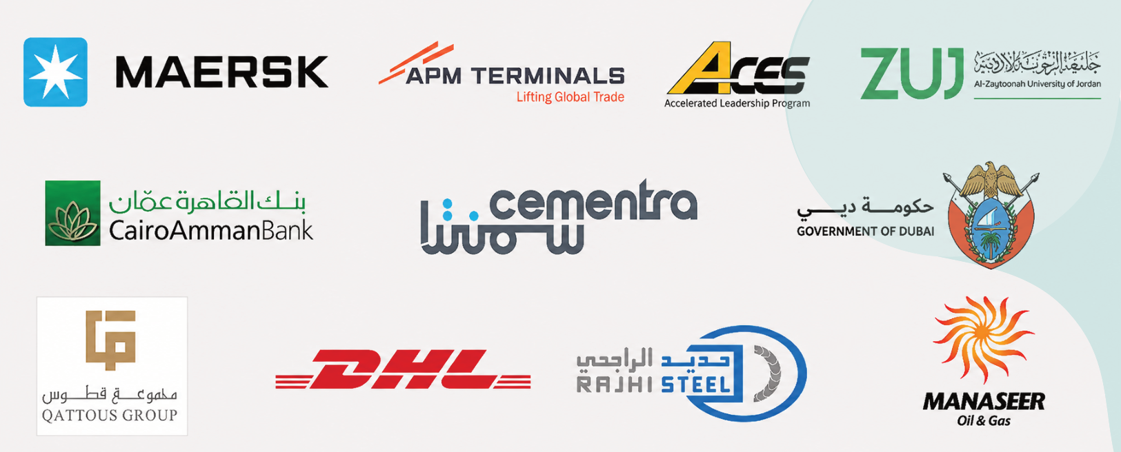 Maersk; APM Terminals; ACES; Al-Zaytoonah University of Jordan; Cairo Amman Bank; Cementra; Government of Dubai; Qattous Group; DHL; Rajhi Steel; Manaseer Oil and Gas